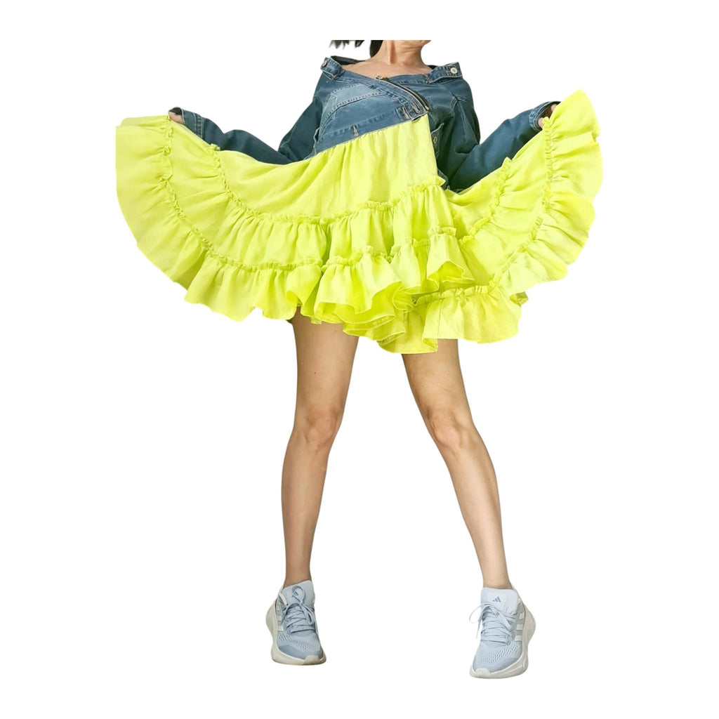 Off Shoulder Denim and Linen Dress for Women, Lime Ruffle Skirt, Asymmetric Oversize Clothing