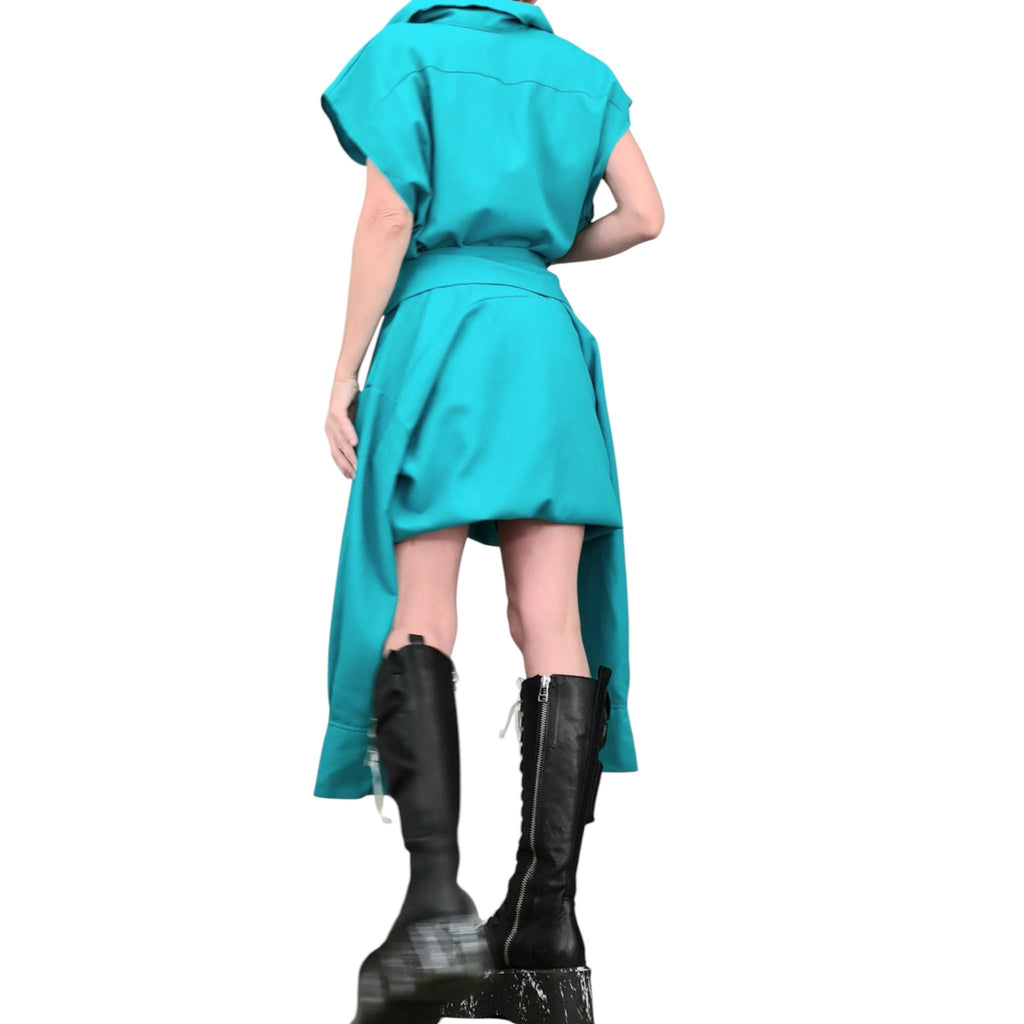 Turquoise Linen Deconstructed Tunic for Women, Transformable Layered Top, Asymmetric Oversize Shirt