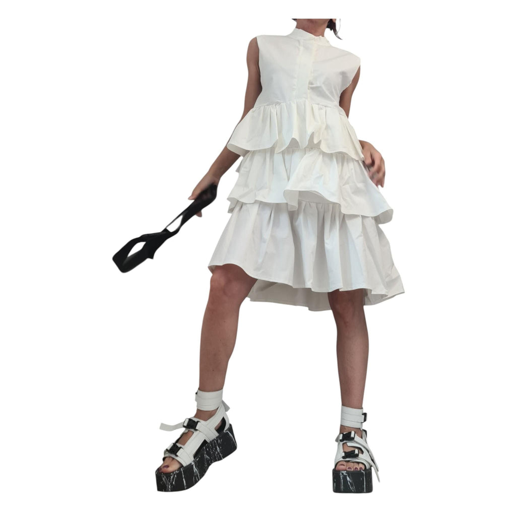 White Cotton Dress, Sleeveless, Layered Ruffle Midi, Boho Bridal Party Tunic