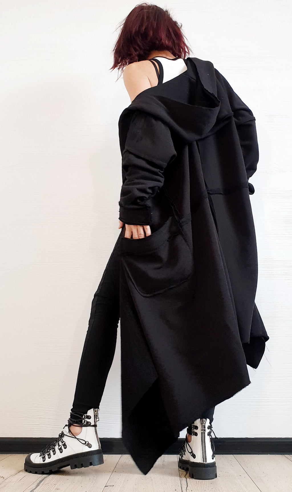 Dusty Rose Hooded Cotton Vest, Plus Size Asymmetric Gilet, Long Sleeveless Jacket