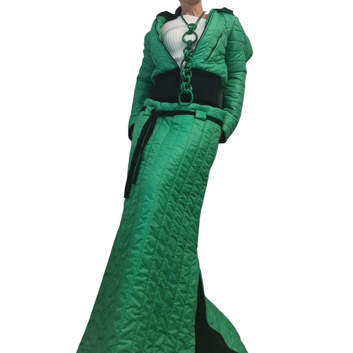Green Quilted High-Waist Maxi Skirt, Cropped Hooded Puffer Jacket, Side Slit, Two-Piece Co-Ord Set