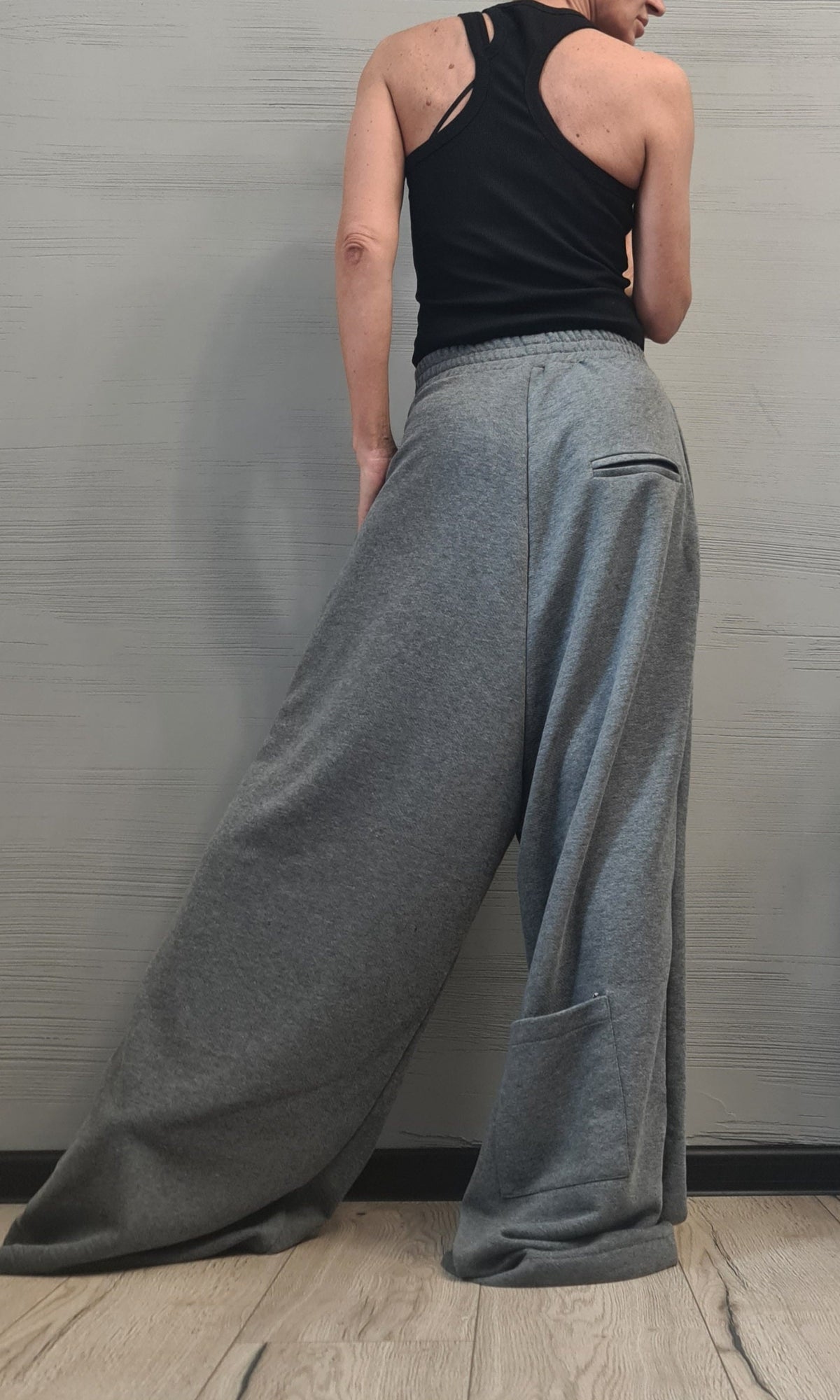 Grey French Terry Pants, Drop Crotch Wide Leg Trousers, Plus Size