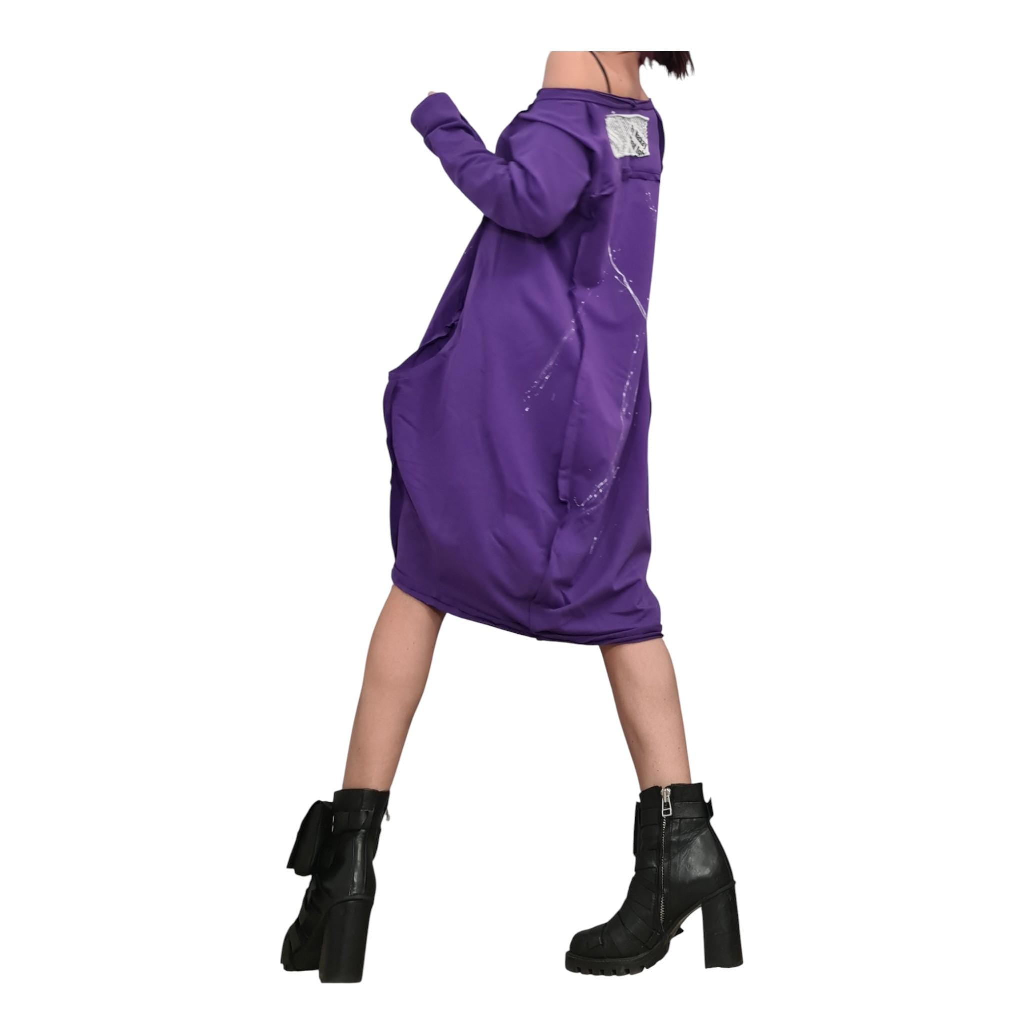 Dark Purple French Terry One Shoulder Dress for Women, Oversized Asymmetric Sweatshirt Dress