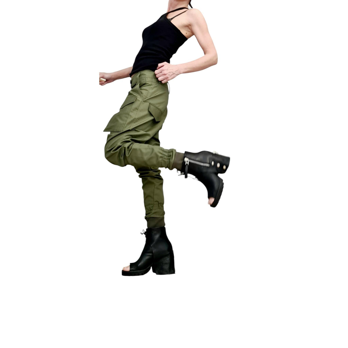 Military Green Cargo Pants, Drop Crotch Cotton Trousers, Slim Leg