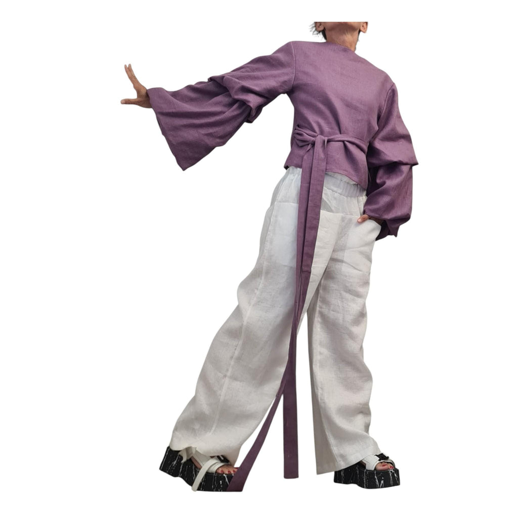 Lavender Linen Wrap Blouse, Reversible Top, Balloon Sleeves, Tie Waist, Oversized Fit, V Neck