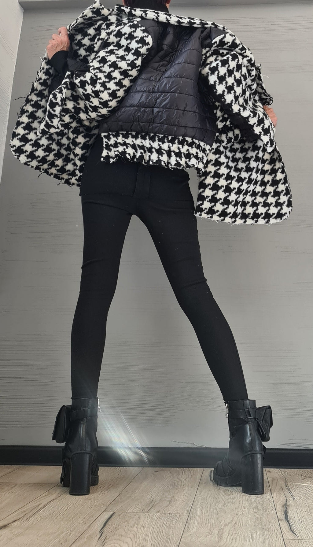 Black and White Houndstooth Wool Coat, Oversized Winter Jacket, Quilted Puffer Lining