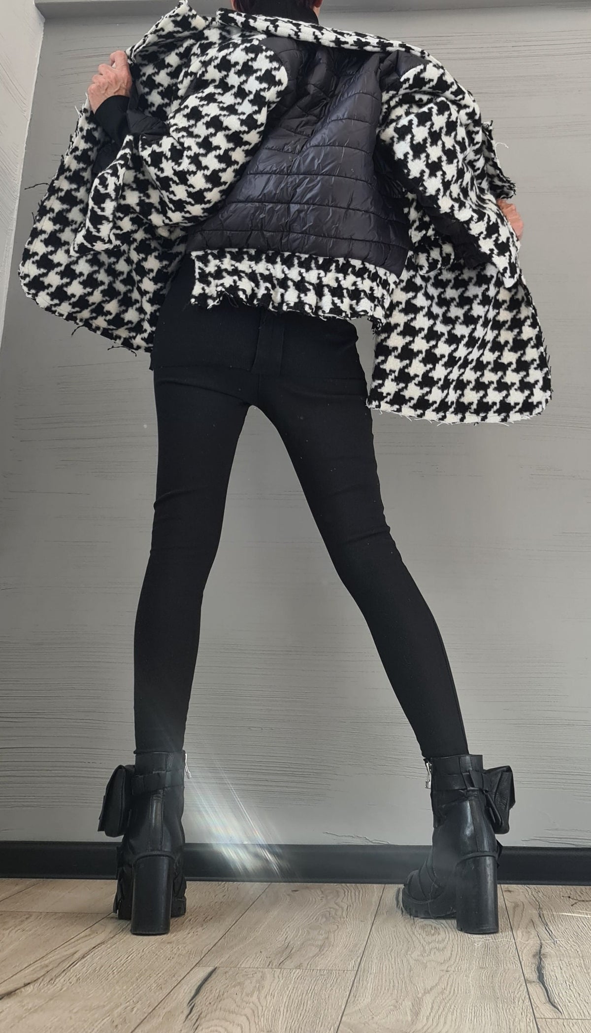 Black and White Houndstooth Wool Coat, Oversized Winter Jacket, Quilted Puffer Lining