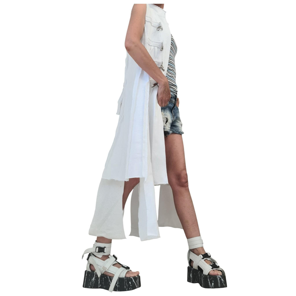 Dusty Pink Asymmetrical Maxi Vest, Sleeveless Layered Coat, Multiple Metal Buckle Closures