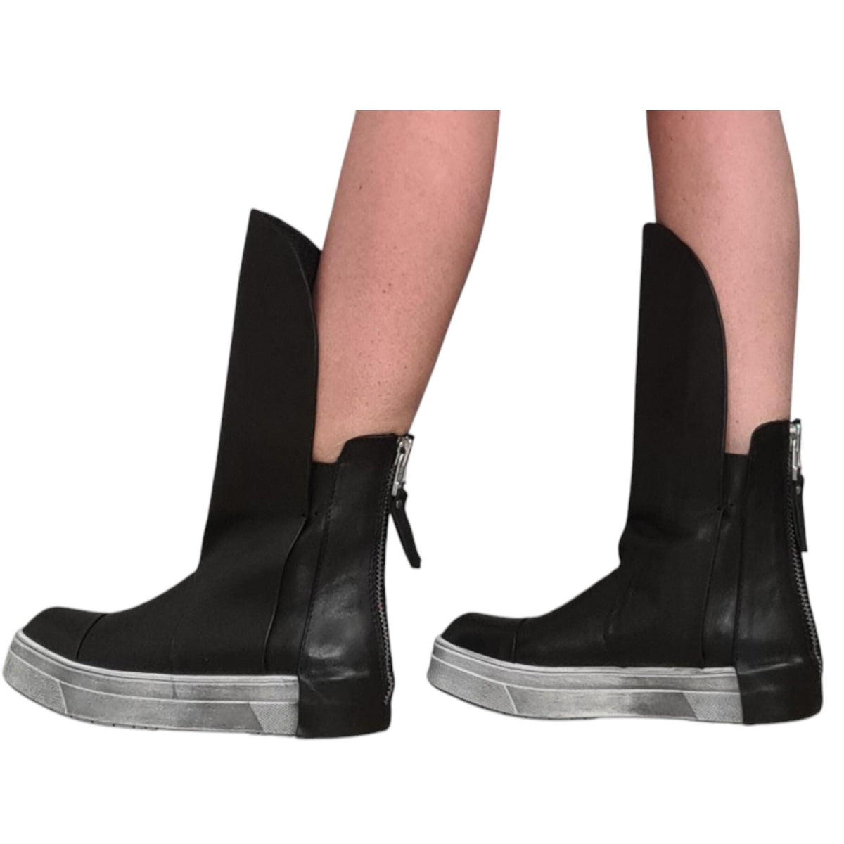 Black Leather Platform Sneakers for Women, Avant Garde High Tongue Boots with Back Zipper