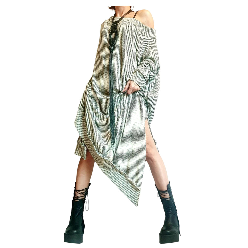 One Shoulder Maxi Dress: Striped Knit Oversize (Plus Size XS-5XL)
