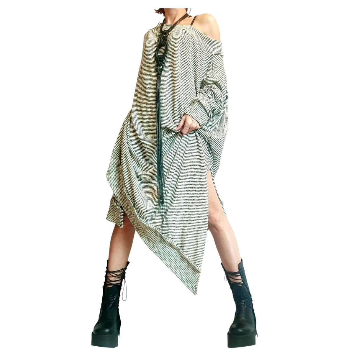 One Shoulder Maxi Dress: Striped Knit Oversize (Plus Size XS-5XL)