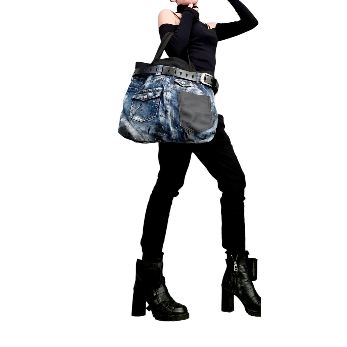 Hand-Painted Denim Tote, Avant Garde Asymmetrical Designer Shoulder Bag