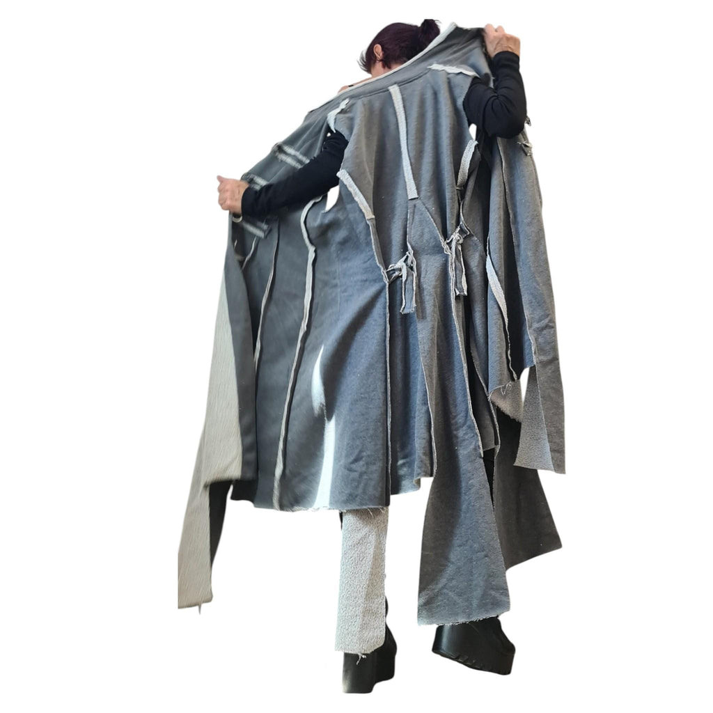 Grey Cotton Asymmetrical Maxi Vest, Sleeveless Longline Top, Raw Seams and Tie Details