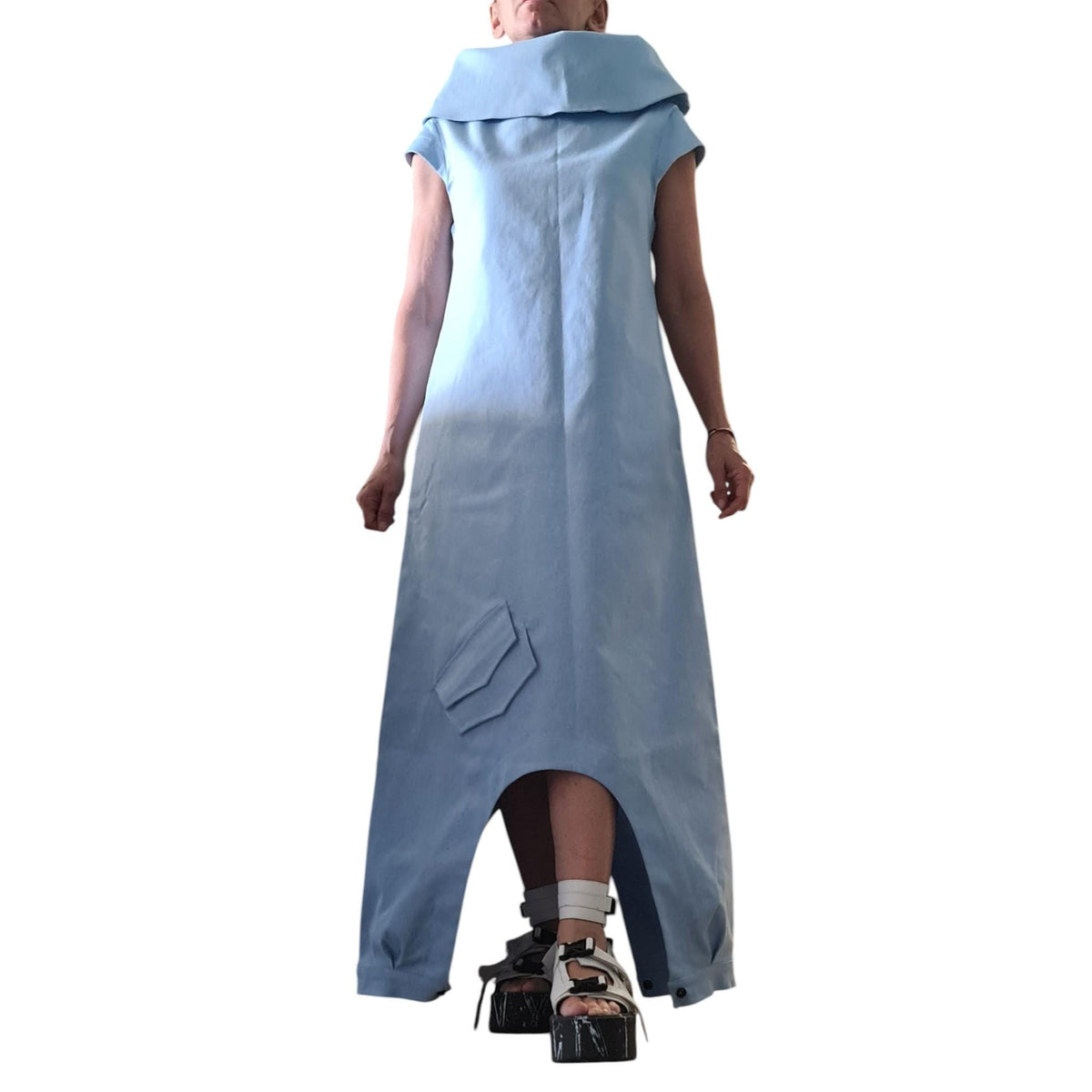 Light Blue Denim Jumpsuit Dress for Women, Asymmetric Harem Overall, Wide Leg Outfit