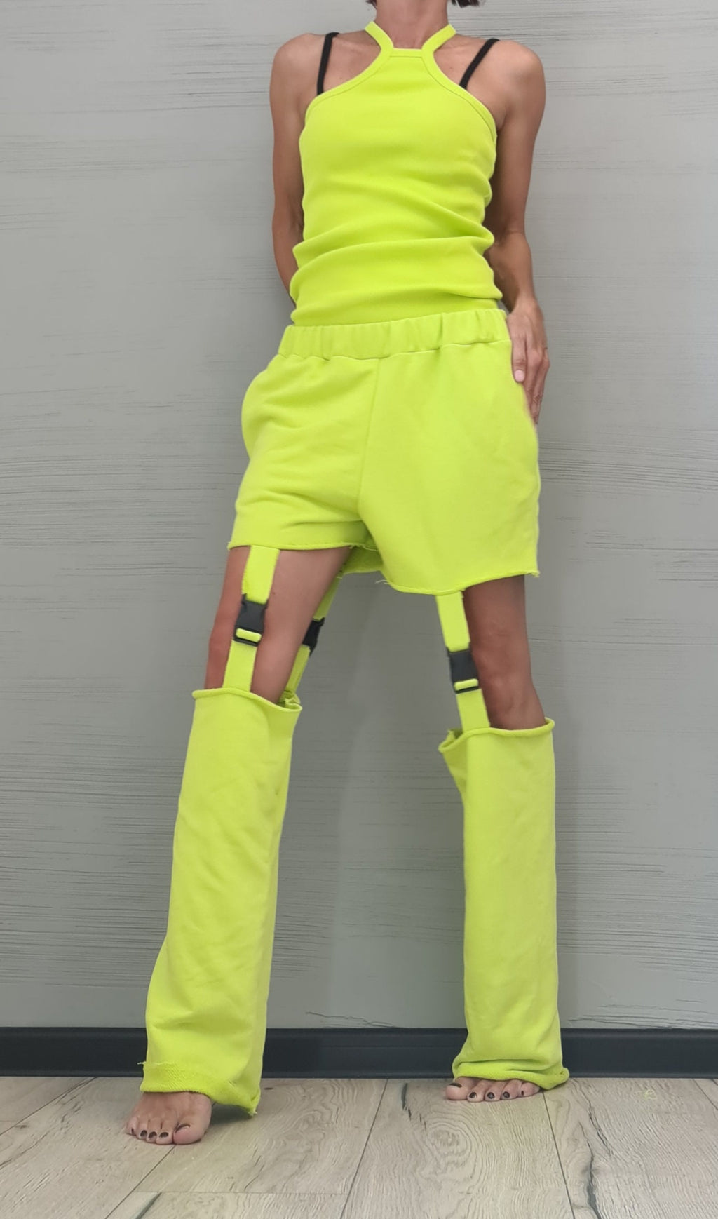 Lime Cotton Shorts, Detachable Pant Legs, Sleeveless Top, Convertible Two Piece Co-Ord Set
