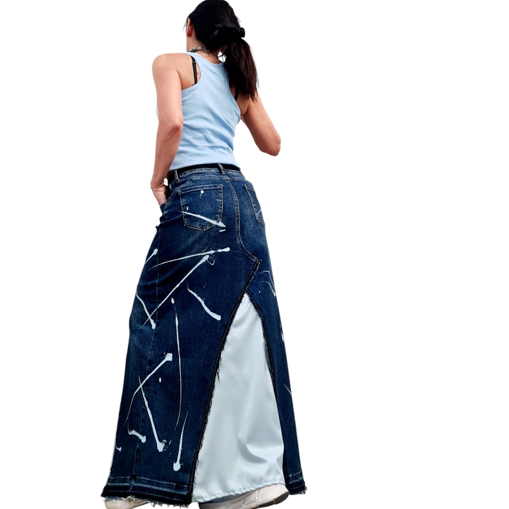 Asymmetric Denim Skirt Maxi Length Blue Satin Panel High Waist Avant Garde Clothing
