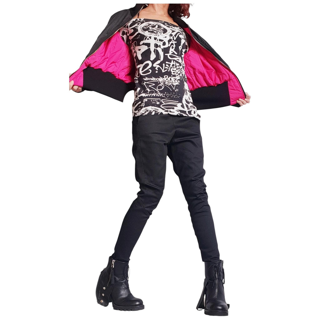 Black and Pink Cropped Winter Bomber Jacket, Oversized Fold Over Collar, Back Zip Detail
