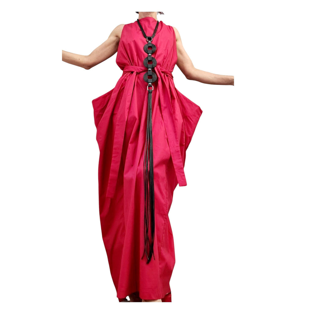 Red Backless Maxi Dress, Sleeveless Evening Wide Silhouette, Adjustable Design, Plus Size