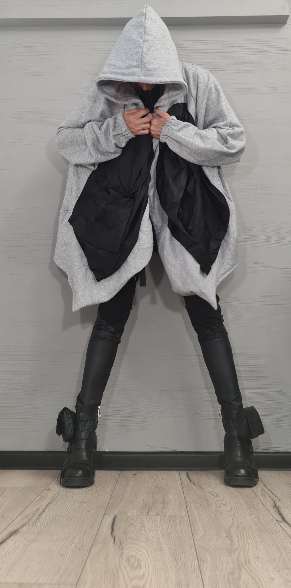 Black and White Asymmetric Cotton Poncho, Oversized Hooded Sweatshirt with Long Sleeves, Plus Size