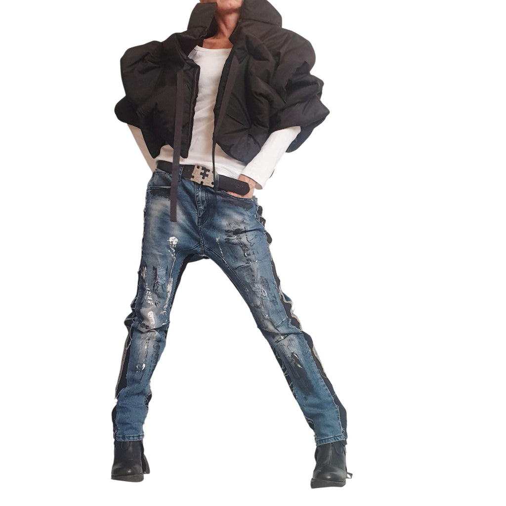 Black Ruched Puffer Jacket, Short Quilted Coat, Oversized Cropped Vest