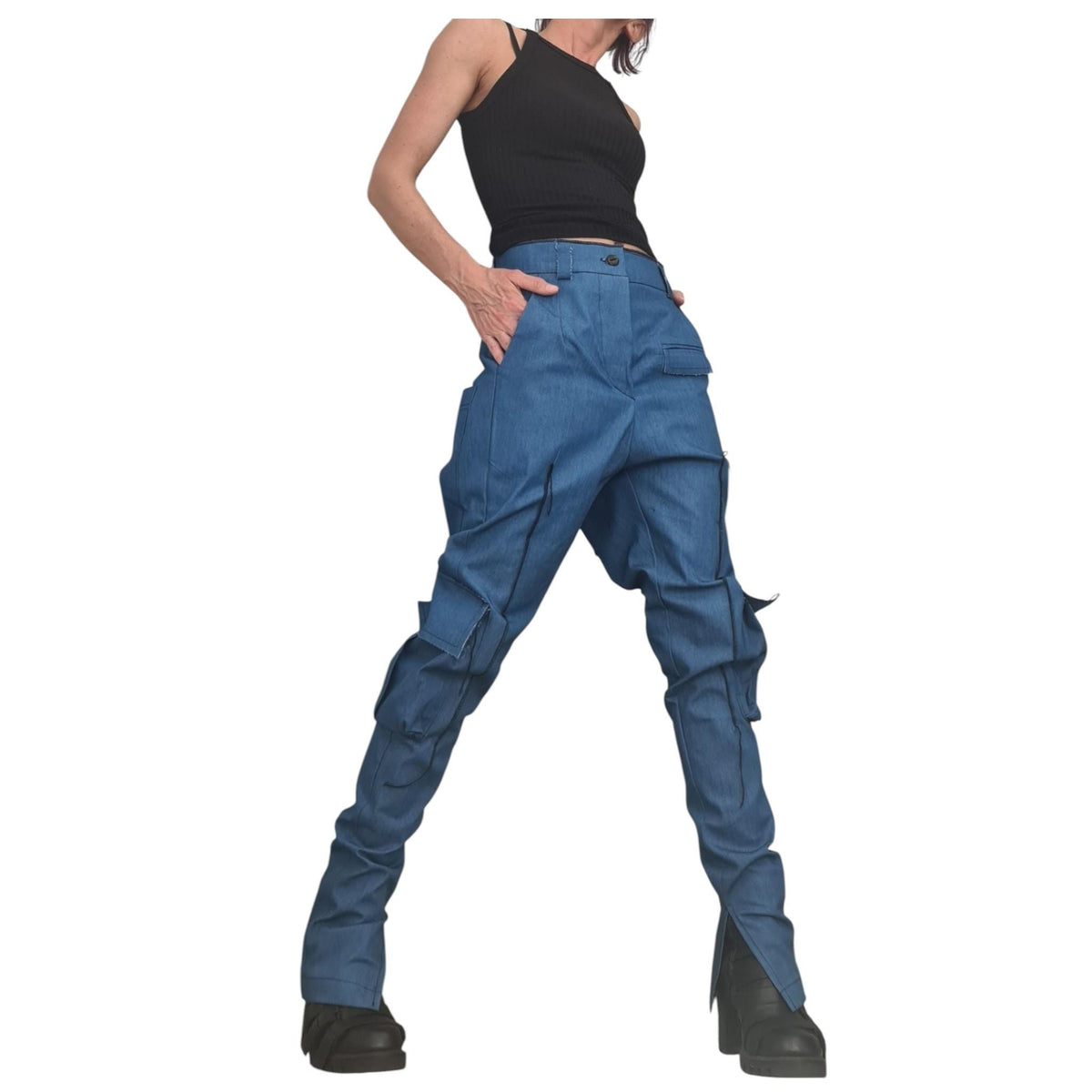 Extravagant Cargo Denim Pants, Fitted Sexy Casual Pants, Outer pockets, New collection