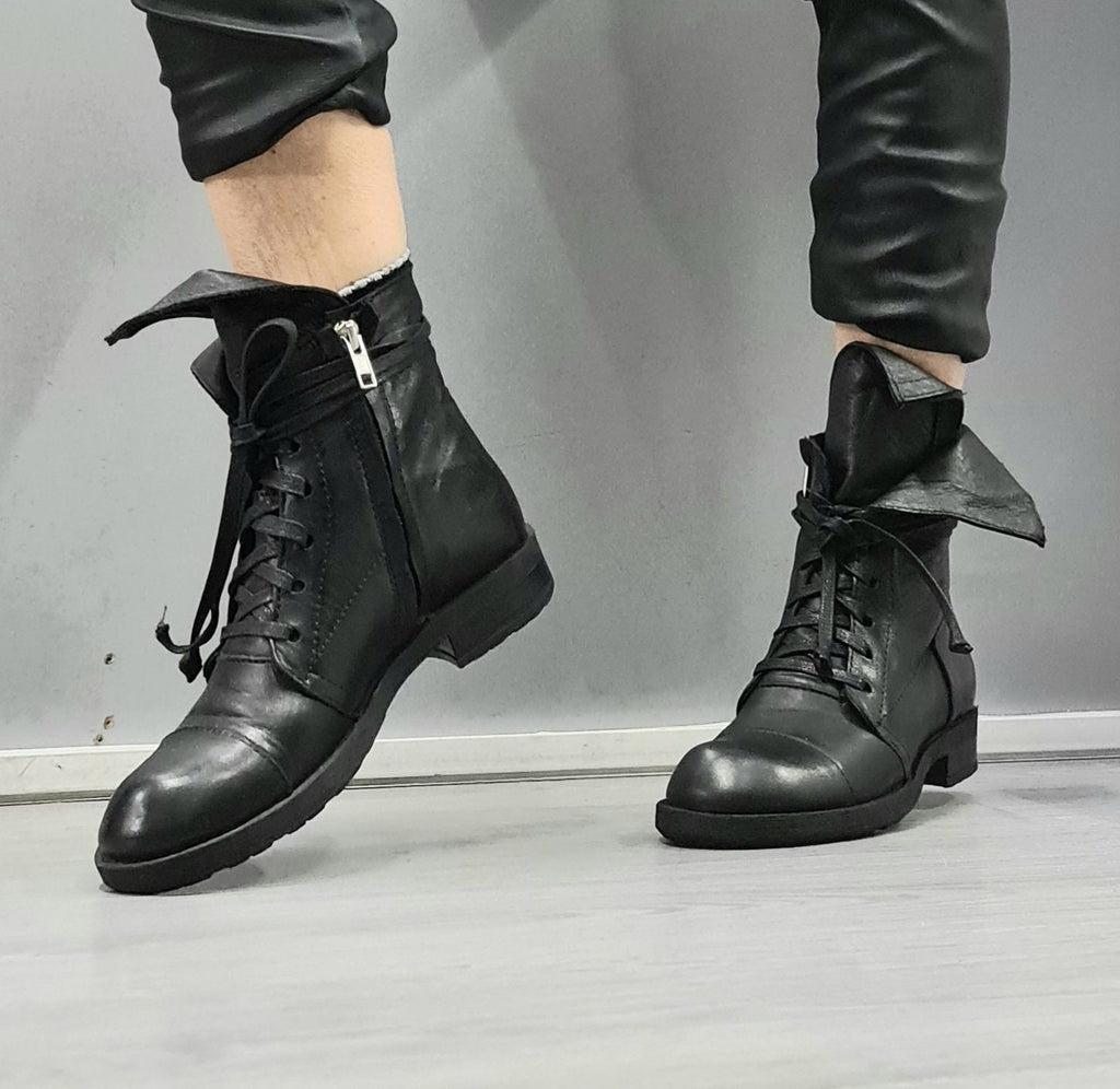 Black Asymmetric Leather Boots, Gothic Steampunk Ankle Shoes, Handmade Footwear