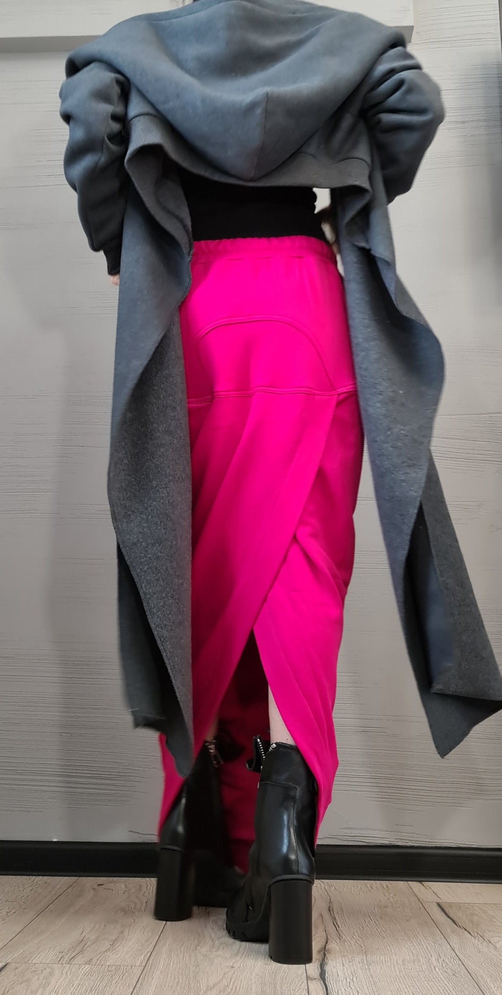 Grey Cotton Hooded Cardigan, Long Asymmetric Wrap Jacket, Cropped Back