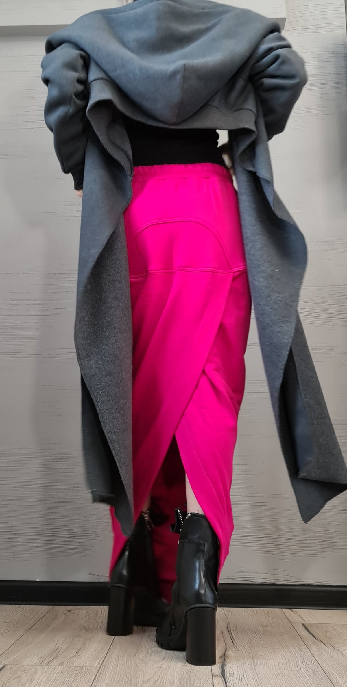 Grey Cotton Hooded Cardigan, Long Asymmetric Wrap Jacket, Cropped Back