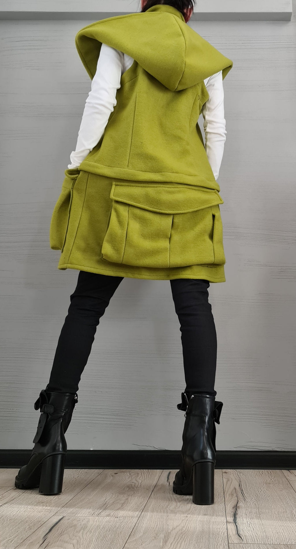 Pistachio Asymmetric Convertible Hooded Vest, Detachable Cargo Pocket Panel, Long or Cropped, Plus Size
