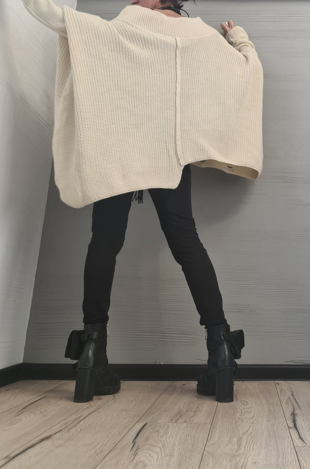 Beige Asymmetrical Knitted Tunic, Oversized Knit Sweater, Plus Size Top
