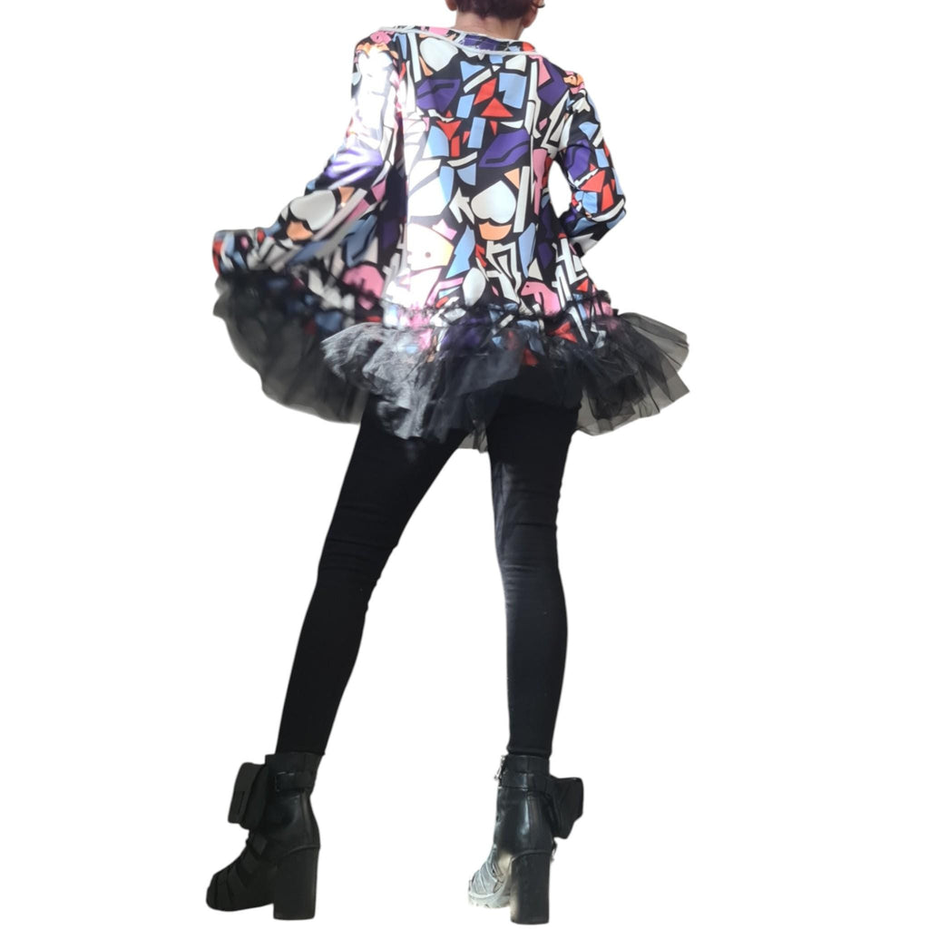 Avant Garde Tunic Blouse, Printed Tulle Top, Extravagant Design, Long Sleeve