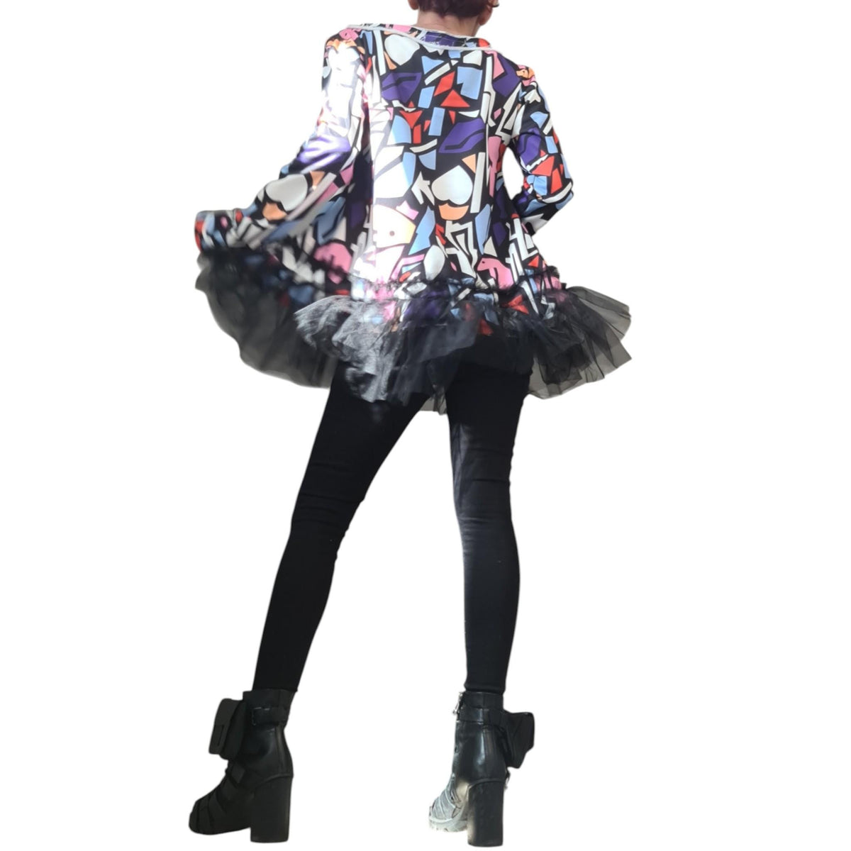 Avant Garde Tunic Blouse, Printed Tulle Top, Extravagant Design, Long Sleeve