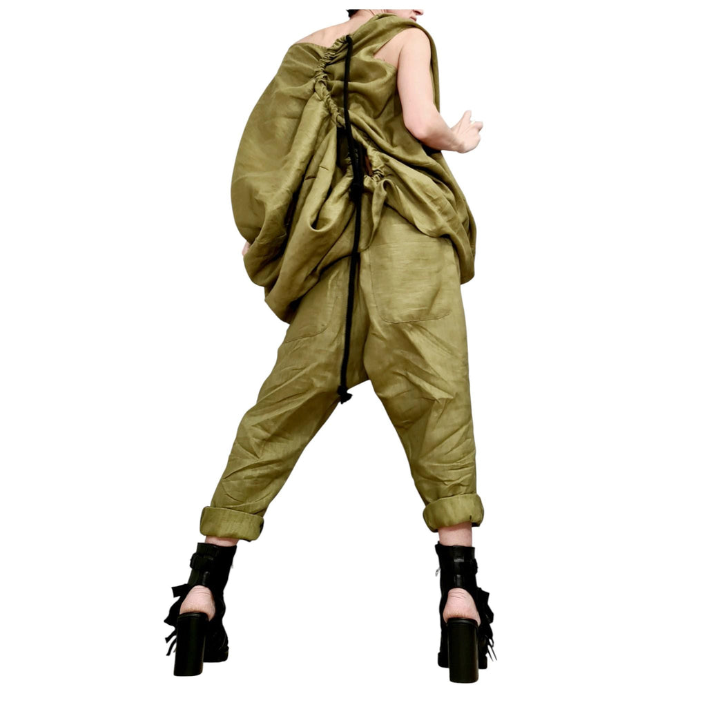 Military Green Linen Set – Avant Garde Drop Crotch Pants and Tunic