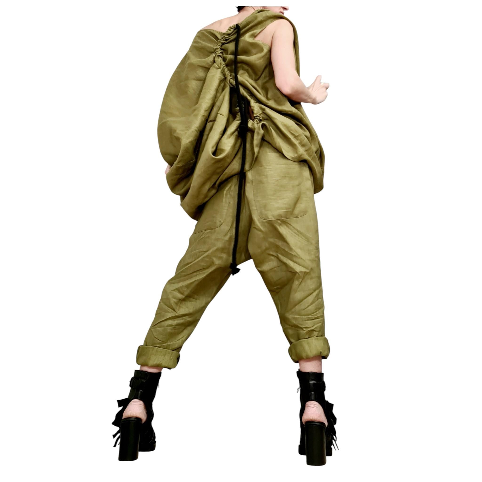 Military Green Linen Set – Avant Garde Drop Crotch Pants and Tunic