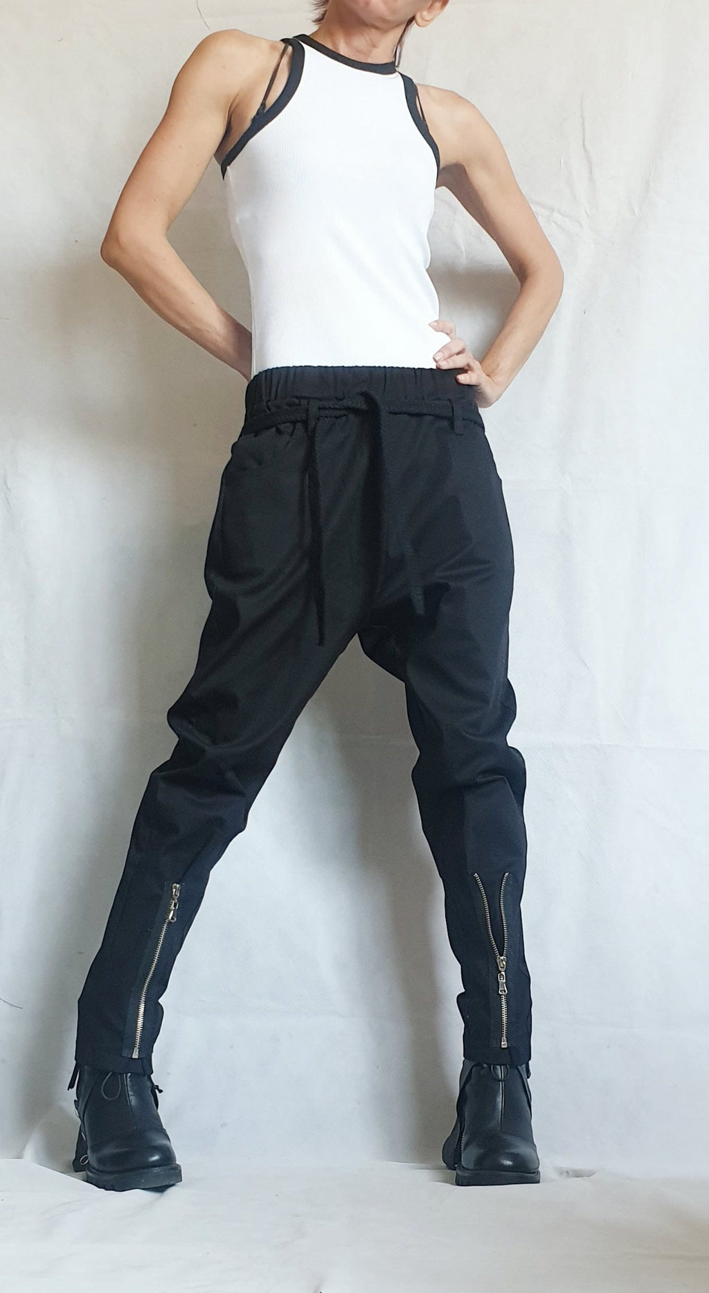 Black Drop Crotch Trousers, Zip Detail Pants for Tapered Leg