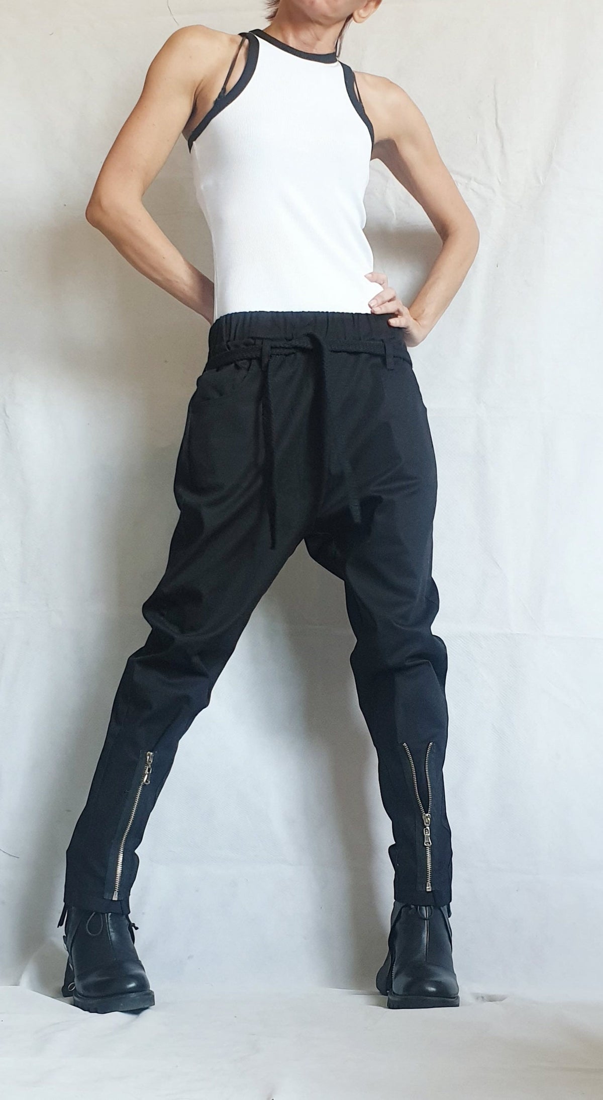 Black Drop Crotch Trousers, Zip Detail Pants for Tapered Leg