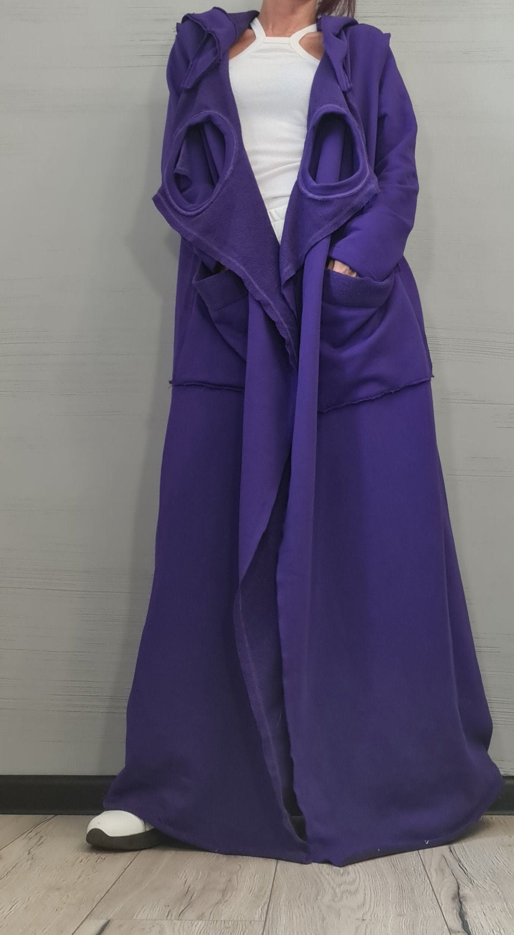 Purple Long Hooded Cardigan, Asymmetric Oversized Cotton Coat, Plus Size, Large Round Pockets