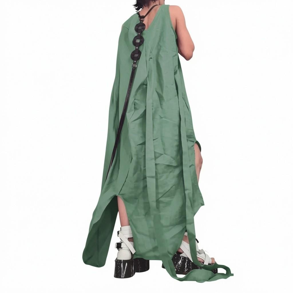 Olive Green Linen Maxi Dress, Asymmetric Oversize Boho Dress, Wedding Guest Outfit