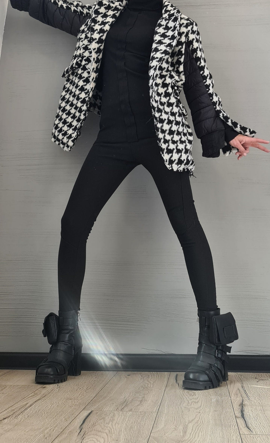 Black and White Houndstooth Wool Coat, Oversized Winter Jacket, Quilted Puffer Lining
