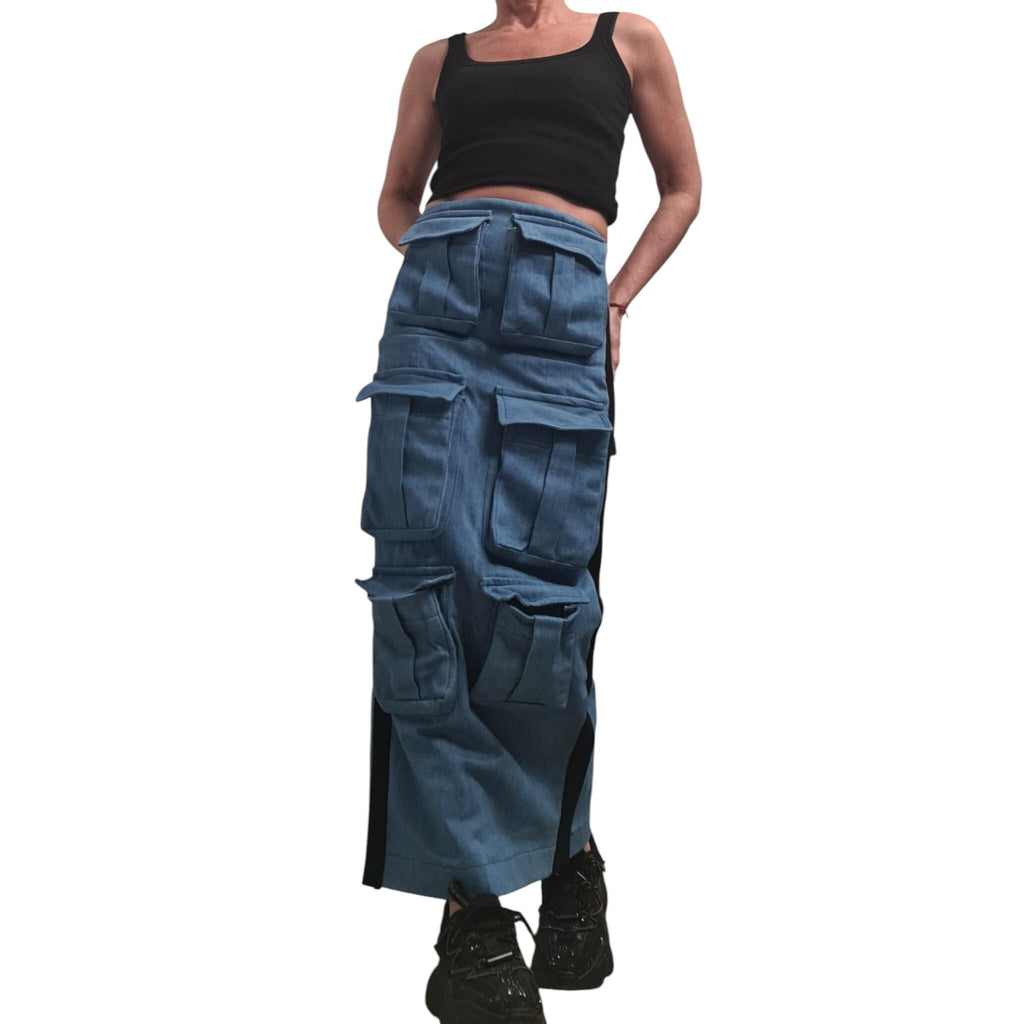 Denim Pencil Dress, Avant Garde Style, Outer Pocket Detail, Cargo Dress for Women
