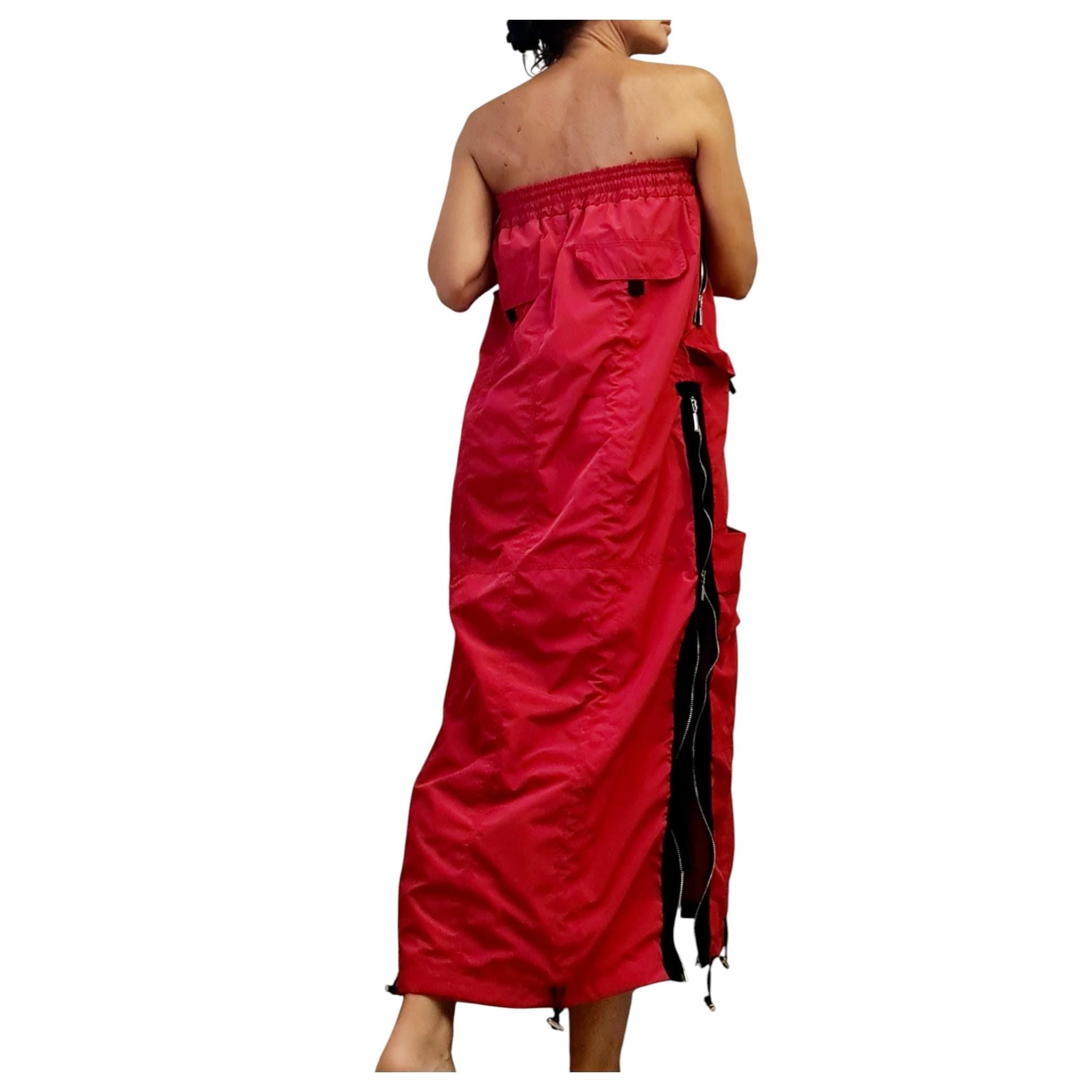 Red Maxi Cargo Skirt with Zippers, Oversized Avant Garde Clothing, Techwear Festival Outfit