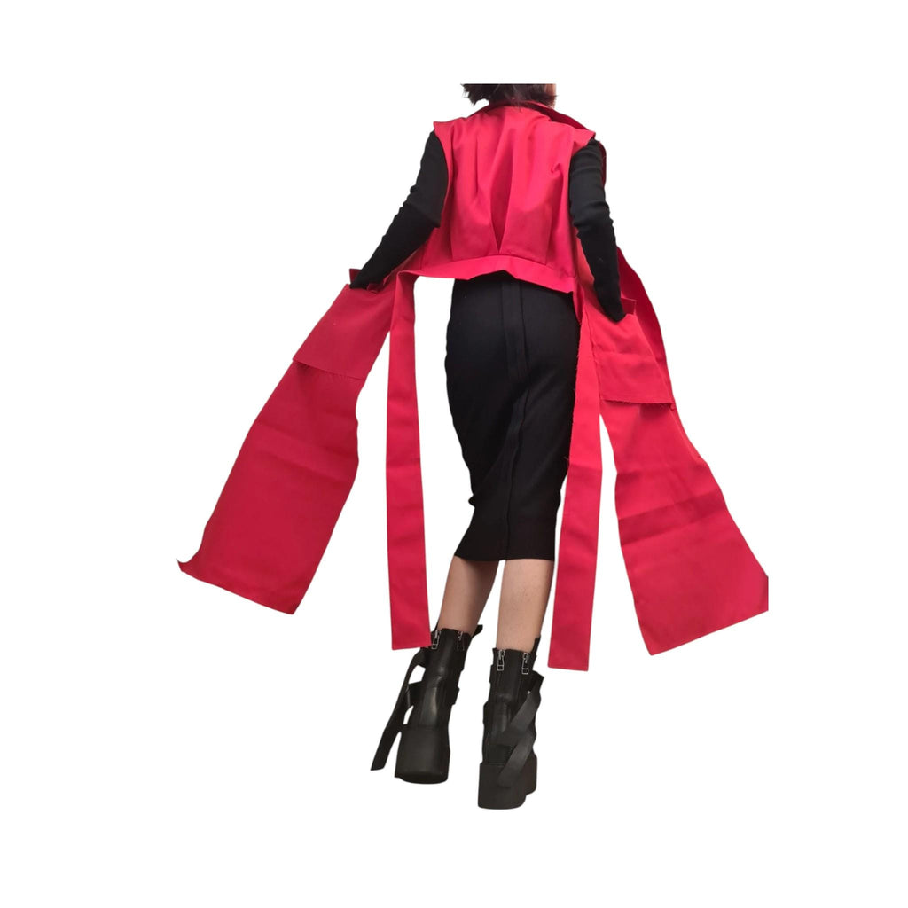 Red Asymmetric Vest, Short Back and Long Length Front Panels, High Collar, Plus Size