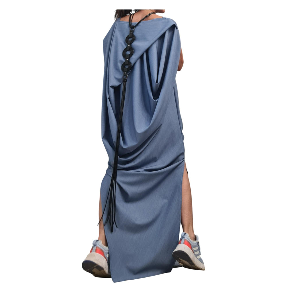 Denim Avant Garde Long Dress, One Shoulder Drape Silhouette, Plus Size kaftan