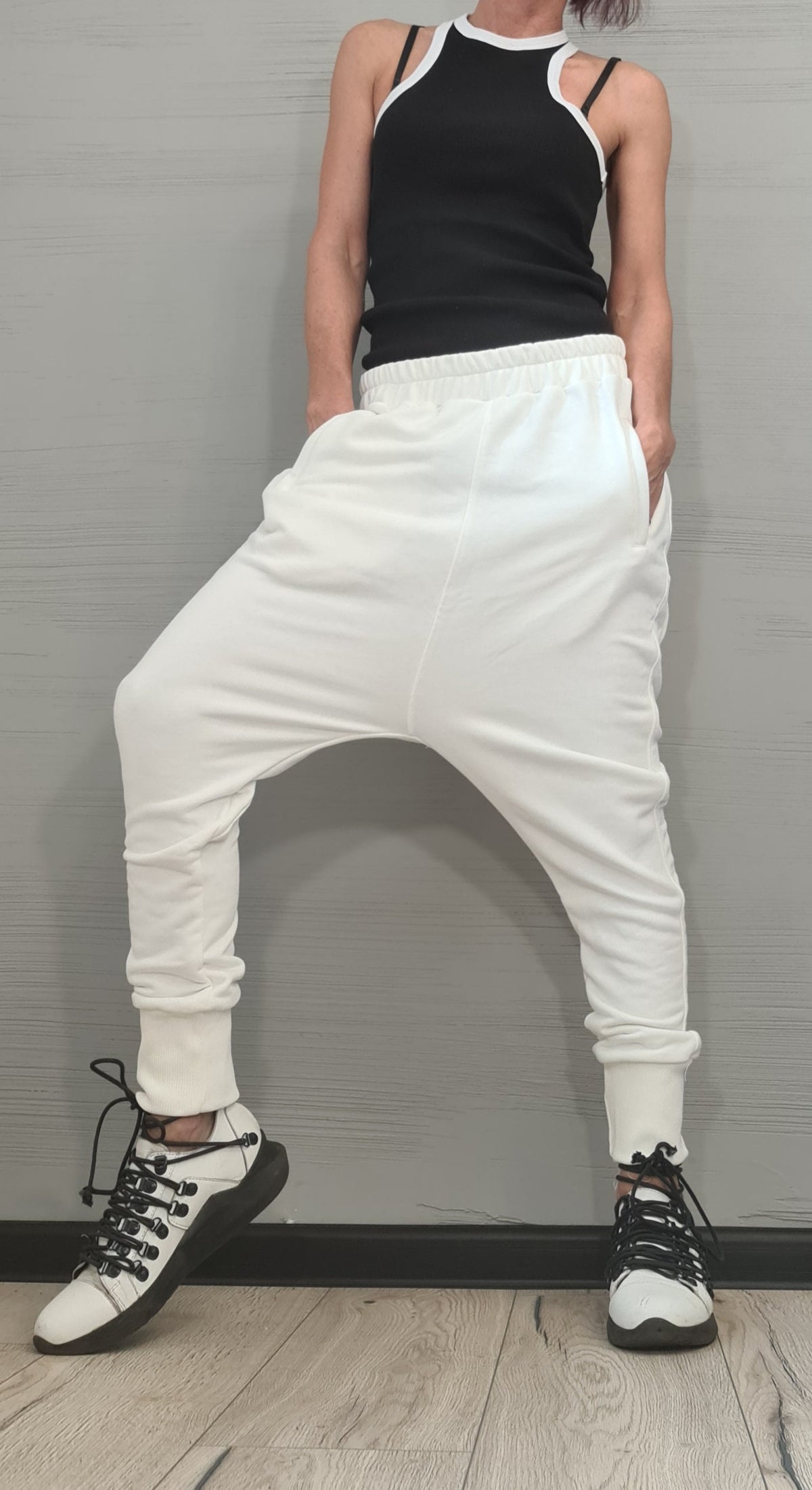 White French Terry Harem Pants, Tapered Trousers
