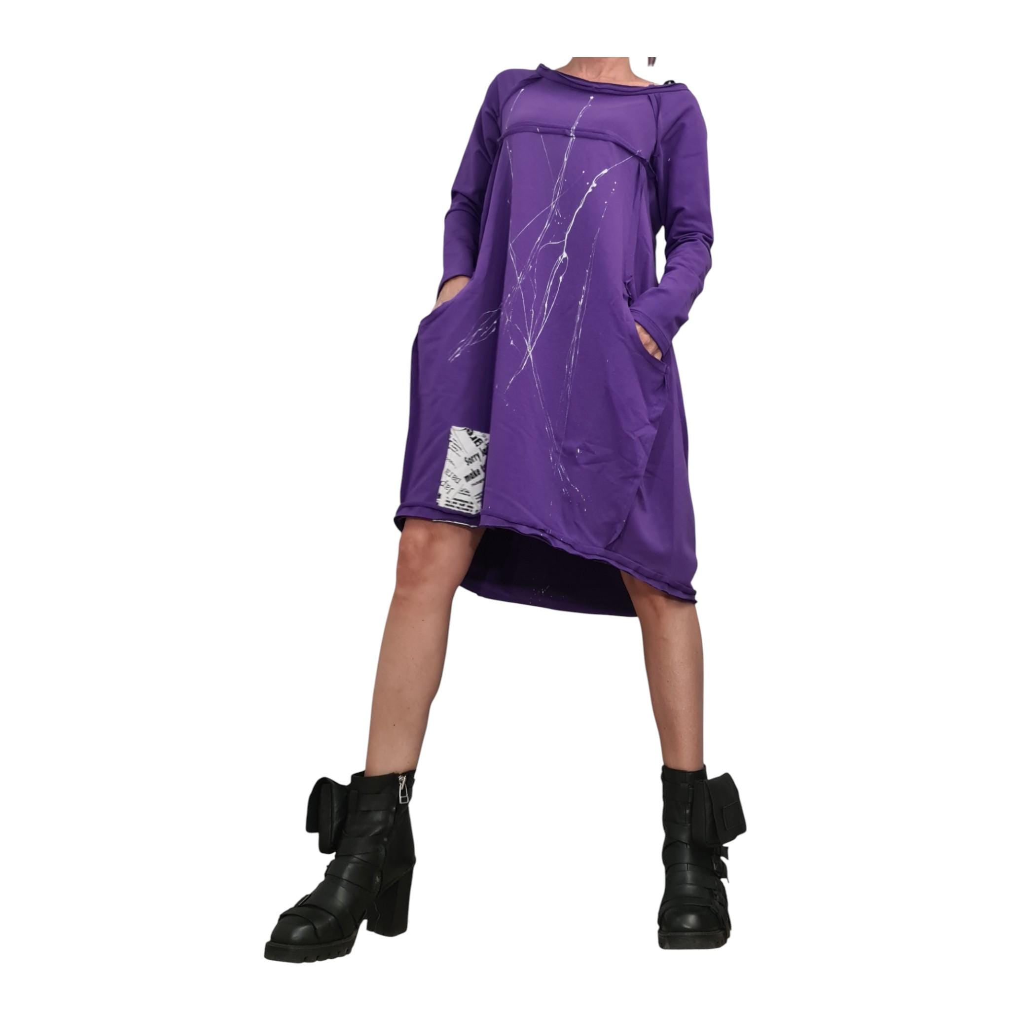 Dark Purple French Terry One Shoulder Dress for Women, Oversized Asymmetric Sweatshirt Dress