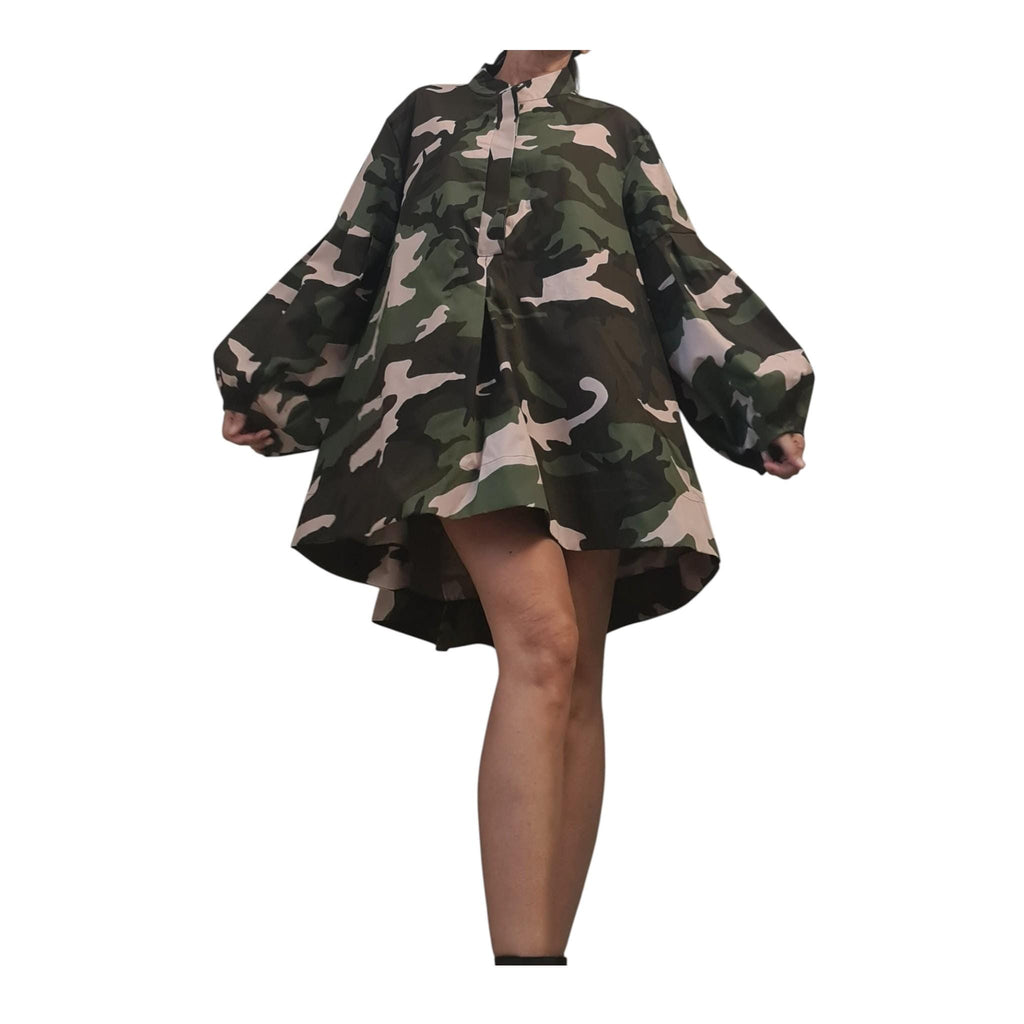 Camo Tunic, Oversized Asymmetric Mini Dress, Long Sleeve, Plus Size
