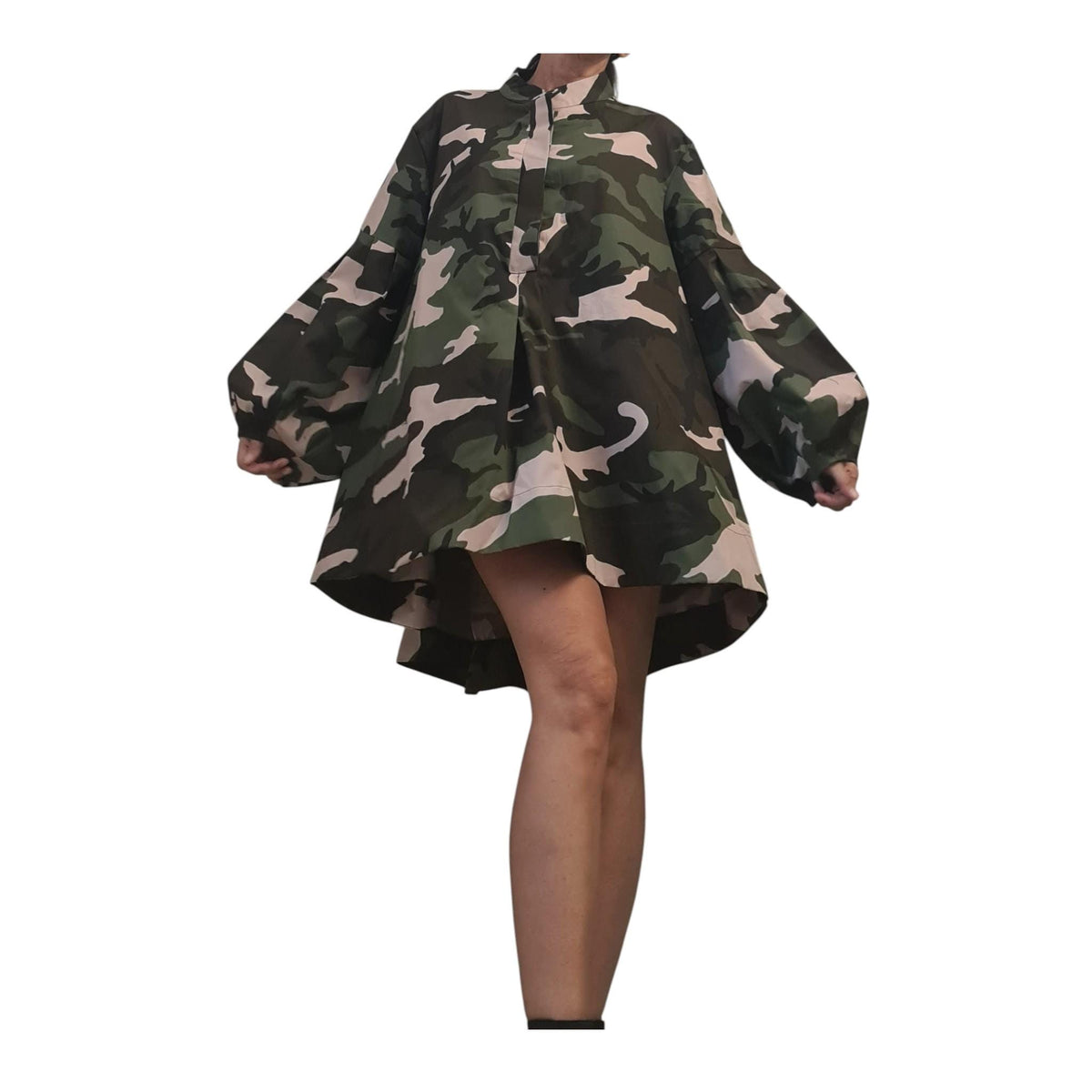 Camo Tunic, Oversized Asymmetric Mini Dress, Long Sleeve, Plus Size