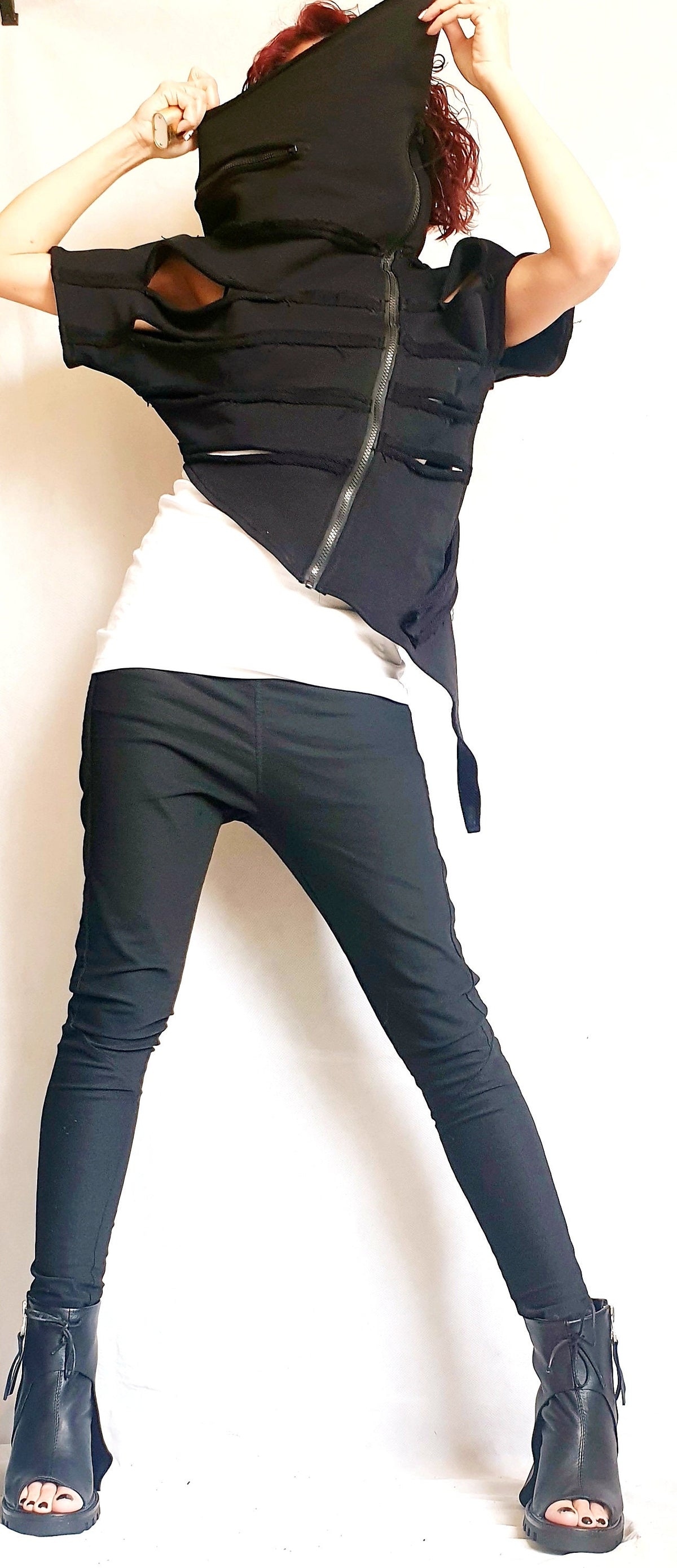 Black Asymmetric Cotton Vest, Slashed High Neck Top, Gothic Sleeveless Blouse
