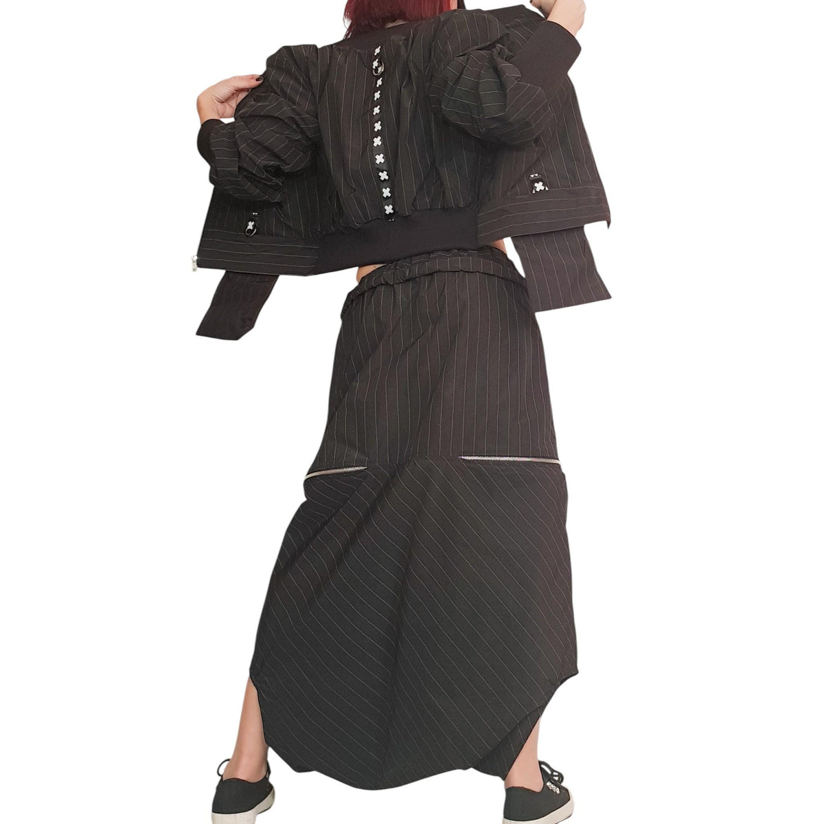 Black Pinstripe Asymmetrical Jacket, Long Pants Skirt, Plus Size Cotton Sateen Co-Ord Set