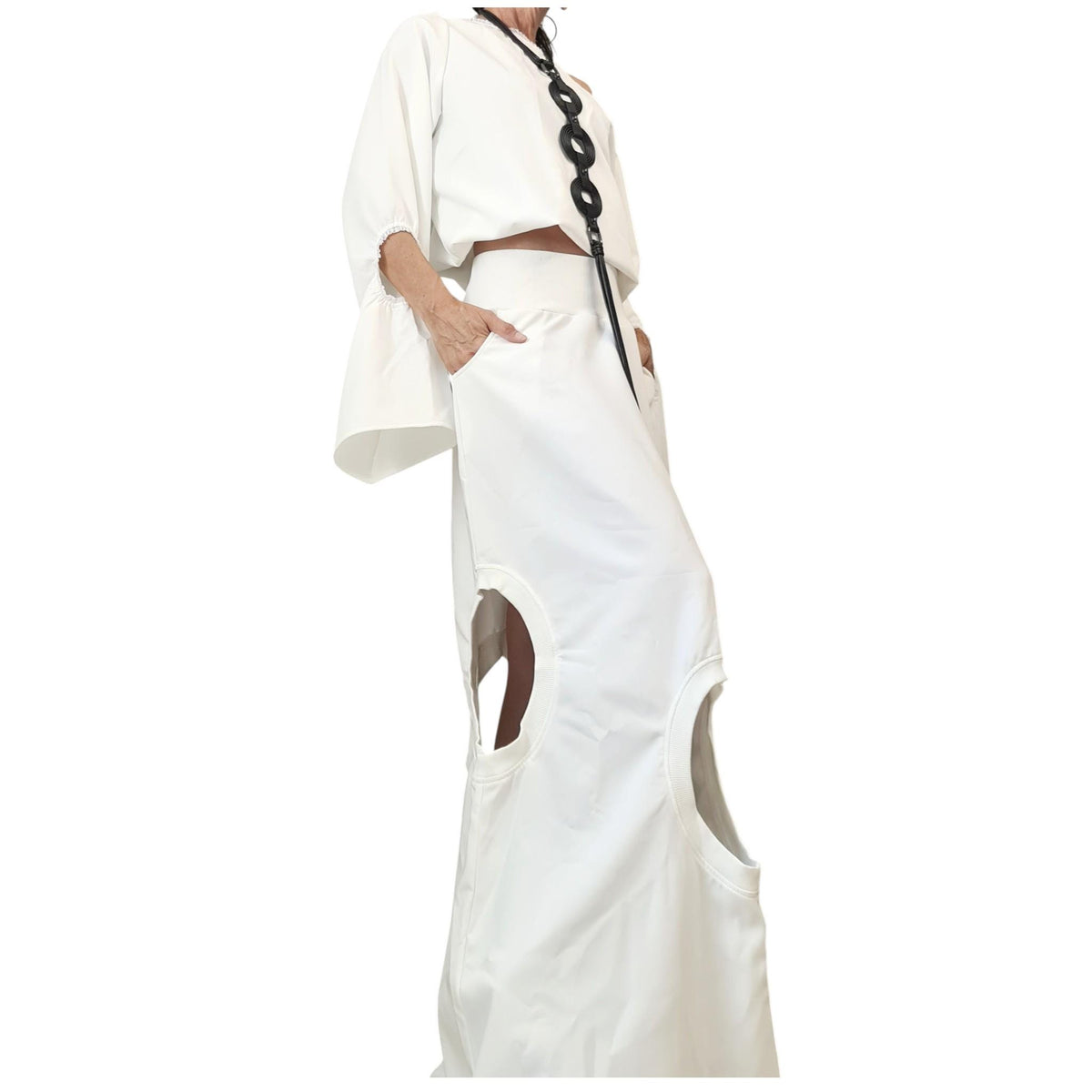 White Cotton Cutout Maxi Skirt, Cropped Open Back Blouse, Bell Sleeves, Two-Piece Co-Ord Set